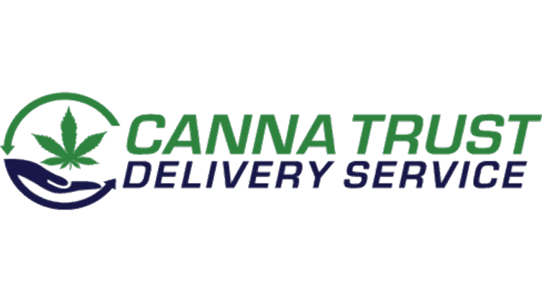 Cannabis delivery service logo with a green cannabis leaf and hand icon, emphasizing reliable and discreet cannabis delivery in CA.