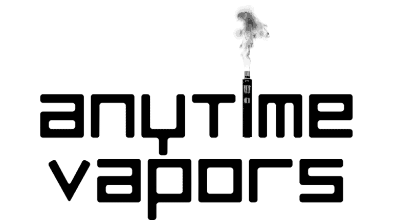 Vape vapor smoke logo with "anytime vapors" text, black and white design, vapor cloud rising from a vape pen, modern vape shop branding, digital vape business logo for marketing and branding purposes.