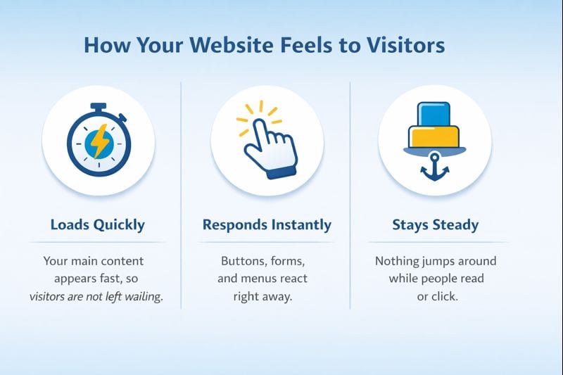 Simple visual explaining website speed, responsiveness, and layout stability for visitors.